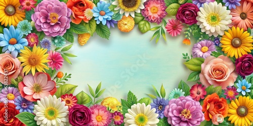 Floral Frame with Bright Colors and Greenery, blue background, vibrant flowers, floral design, frame, border, spring