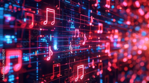 Hologram song notes, digital composition, neon background, advanced interface