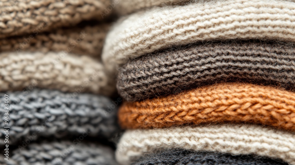 A collection of warm earth-tone knit sweaters is stacked neatly, offering a cozy and inviting display perfect for autumn fashion A collection of warm earth-tone knit sweaters is stacked neatly, offering a cozy and inviting display perfect for autumn fashion
