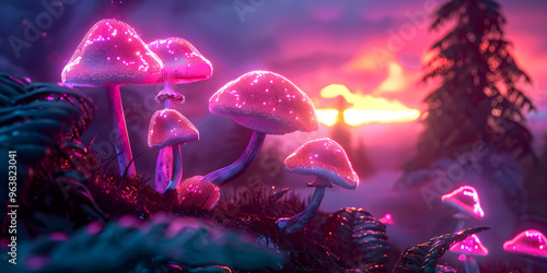 Forest of giant luminescent mushrooms casting an e
