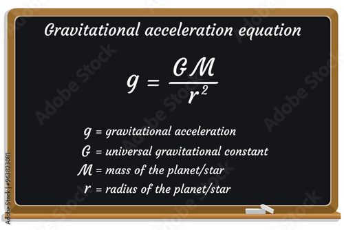 Gravitational Acceleration Formula on a black chalkboard. Education. Science. Formula. Vector illustration.