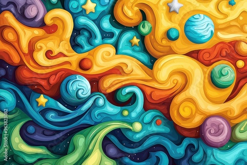 Vibrant abstract painting with fluid, swirling shapes and colors