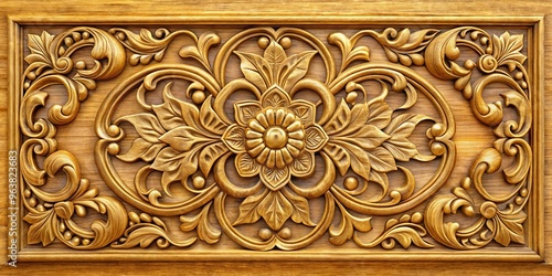Wallpaper Mural Intricate Golden Floral Carving on Wooden Panel, wood carving, wood art, ornate design Torontodigital.ca