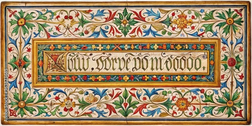Illuminated Manuscript Border with Floral Motifs and Script, Watercolor and Ink, 15th Century, Medieval Art, Manuscript Illustration, Illuminated Letter