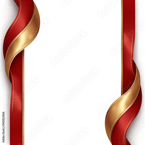 A red ribbon with gold trim is shown on a white background