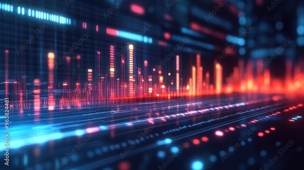 A digital equalizer display with sound waves pulsing to the beat, illustrating the rhythm and flow of audio playback A digital equalizer display with sound waves pulsing to the beat, illustrating the rhythm and flow of audio playback