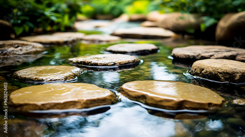 Tranquil water supports stone slabs, with rocks reflecting the essence of peaceful beauty photo