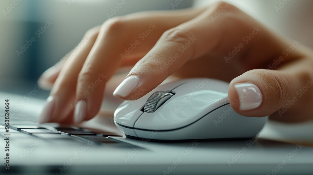 woman's hand using a sleek, white wireless mouse on a modern desk. The elegant design and smooth surface reflect productivity, minimalism, and technological ease in a professional setting woman's hand using a sleek, white wireless mouse on a modern desk. The elegant design and smooth surface reflect productivity, minimalism, and technological ease in a professional setting