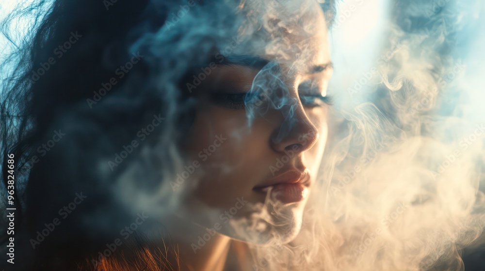 A woman is smoking a cigarette and the smoke is covering her face. Concept of relaxation and leisure, as the woman is taking a break from her day to enjoy a cigarette A woman is smoking a cigarette and the smoke is covering her face. Concept of relaxation and leisure, as the woman is taking a break from her day to enjoy a cigarette