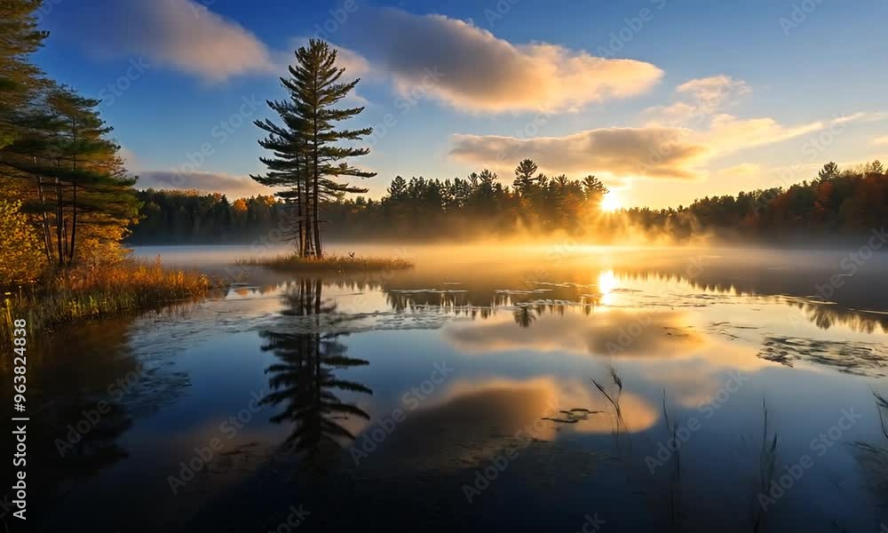 Sunrise over a Misty Lake in Autumn Sunrise over a Misty Lake in Autumn
