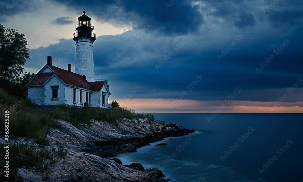 Lighthouse on a Rocky Coastline with Dramatic Clouds Lighthouse on a Rocky Coastline with Dramatic Clouds