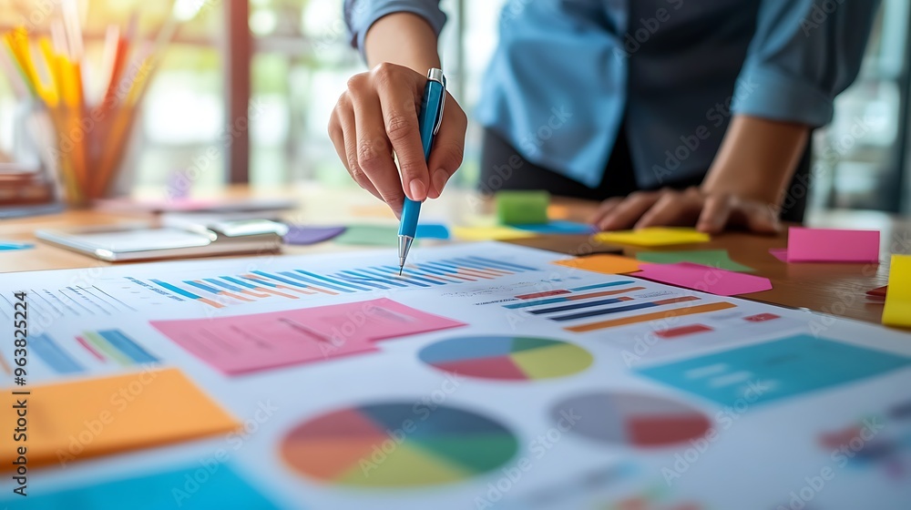 Businesswoman analyzing data charts with sticky notes Businesswoman analyzing data charts with sticky notes