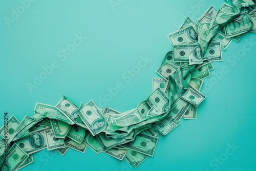 Paper dollar bills forming a flowing river, Artistic, Green and Blue, Digital, Representing cash flow