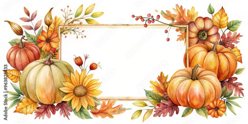 Naklejka premium Watercolor Autumn Frame with Pumpkins and Leaves, Fall, Harvest, Thanksgiving