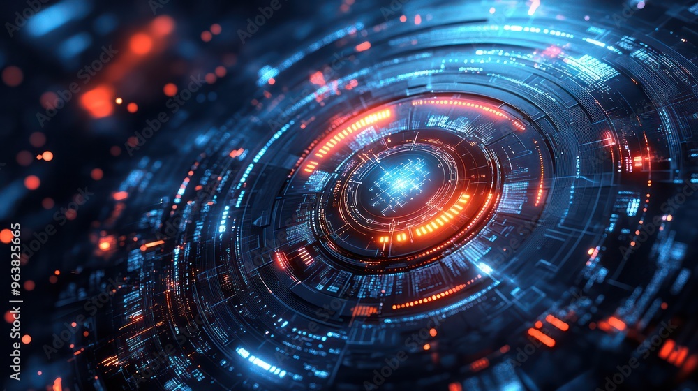 A blue and orange circle with a lot of lights. The circle is surrounded by a lot of lights and it looks like a computer screen A blue and orange circle with a lot of lights. The circle is surrounded by a lot of lights and it looks like a computer screen