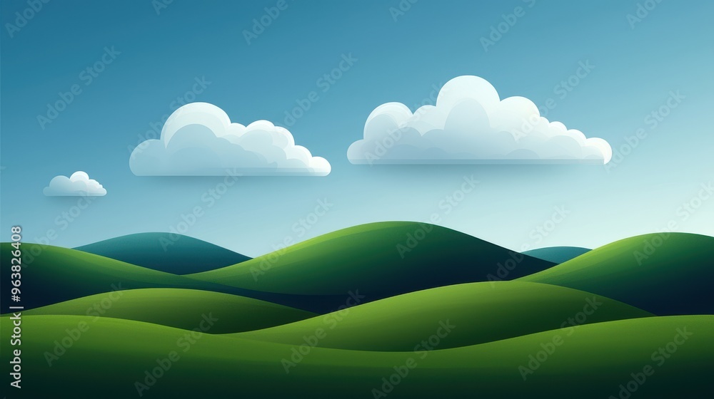 Serene Landscape with Rolling Green Hills and Fluffy Clouds Under a Clear Blue Sky Serene Landscape with Rolling Green Hills and Fluffy Clouds Under a Clear Blue Sky