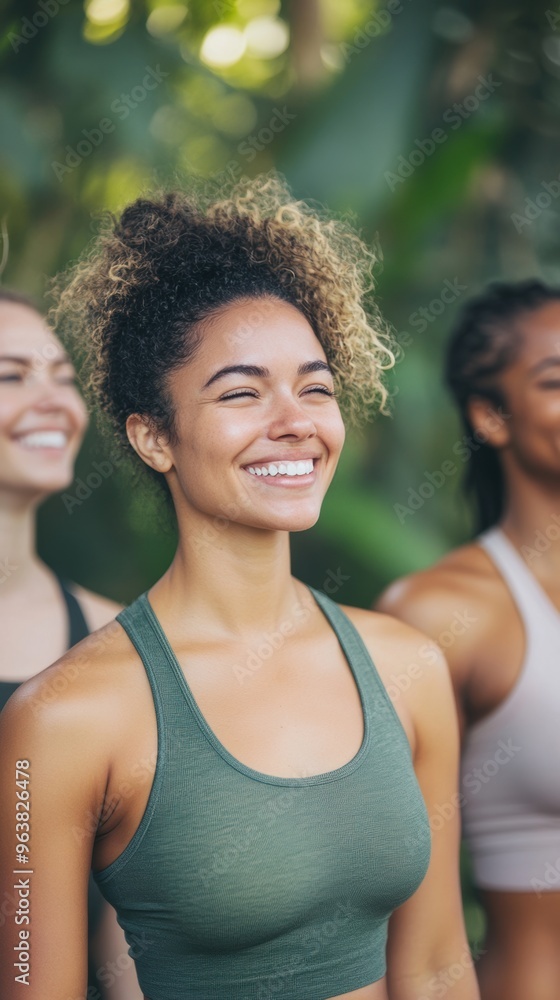 Fototapeta premium A joyful group of diverse women enjoys laughter and connection moments after completing a revitalizing outdoor yoga session