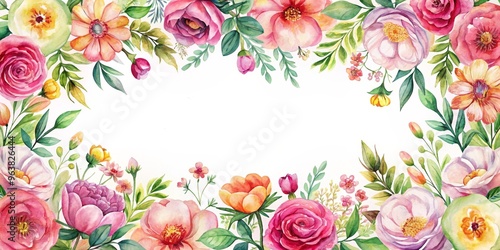 Watercolor Floral Border with Pink and Yellow Flowers, Watercolor, Flowers, Border, White Background, Floral, Frame