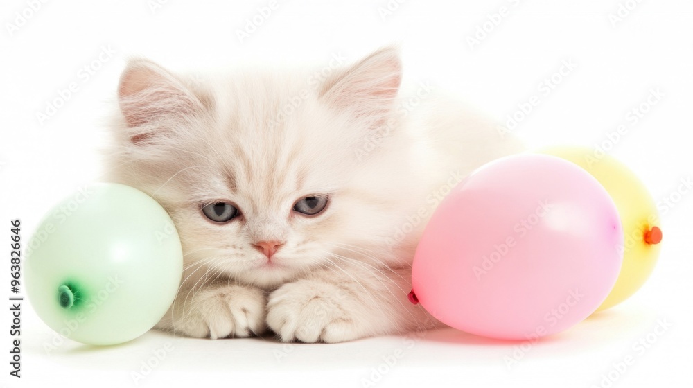 Obraz premium A fluffy white cat rests comfortably surrounded by pastel-colored balloons on a clean white surface