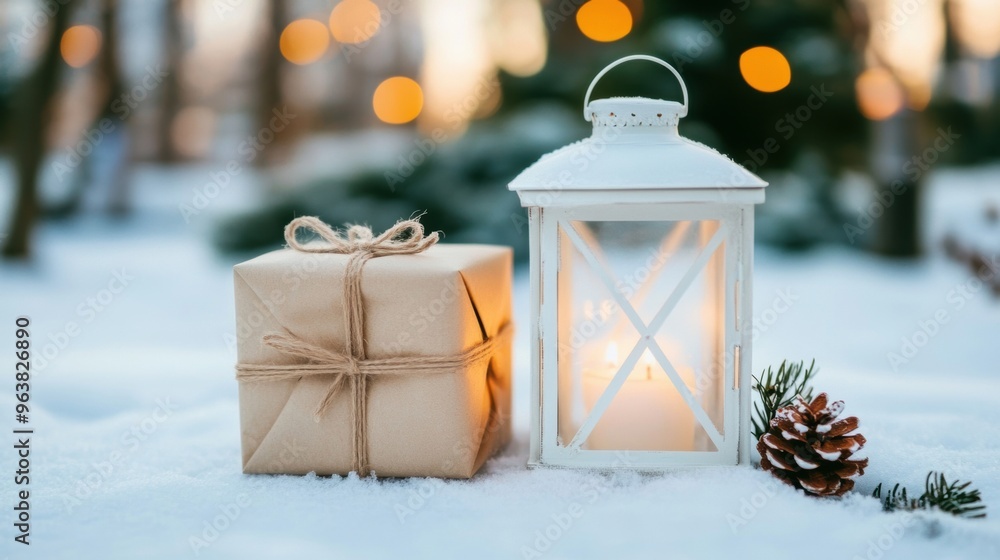 A white lantern shines warmly next to a neatly wrapped gift, surrounded by soft snow and seasonal greenery on a winter day A white lantern shines warmly next to a neatly wrapped gift, surrounded by soft snow and seasonal greenery on a winter day
