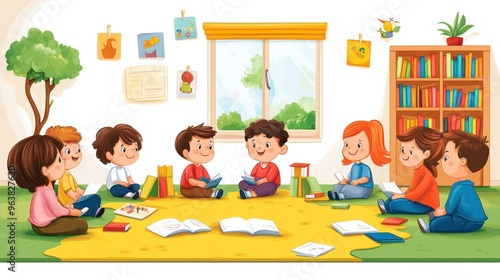 A group of children are sitting on the floor in a room with a teacher. They are reading books and enjoying their time together