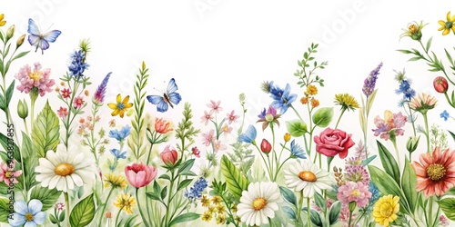 Watercolor Meadow Floral Border with Butterflies, Watercolor, Meadow ,Floral, Butterfly