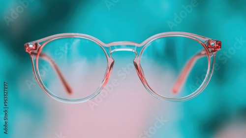 Clear eyeglasses with red frames are showcased against a vibrant, blurred backdrop, highlighting their stylish design and clarity