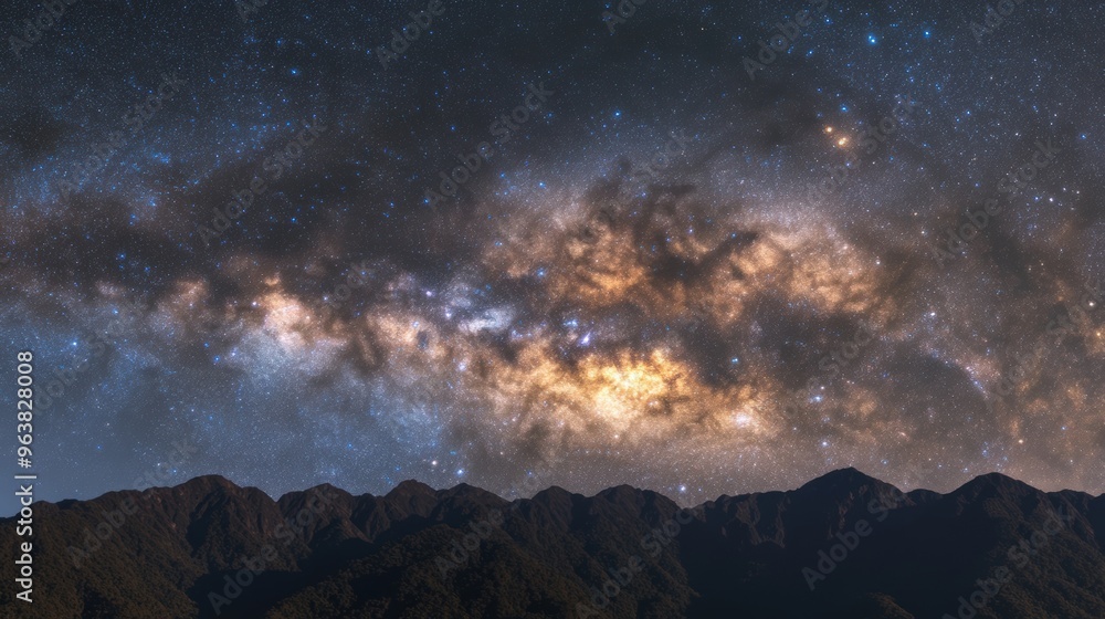 A vibrant Milky Way galaxy stretches across the night sky above majestic mountains, showcasing a breathtaking cosmic display A vibrant Milky Way galaxy stretches across the night sky above majestic mountains, showcasing a breathtaking cosmic display