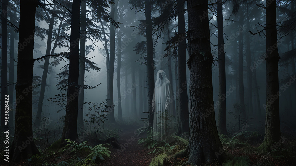 Ghostly Figure in a Dark Foggy Forest, Eerie and Mysterious Atmosphere Ghostly Figure in a Dark Foggy Forest, Eerie and Mysterious Atmosphere