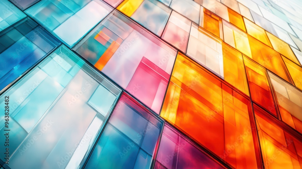 A colorful building with many windows and a blue and white window A colorful building with many windows and a blue and white window