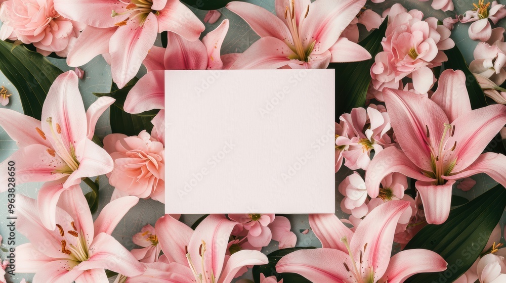 Surrounded by vibrant pink lilies, a blank card invites personal messages or artistic designs in a floral arrangement Surrounded by vibrant pink lilies, a blank card invites personal messages or artistic designs in a floral arrangement