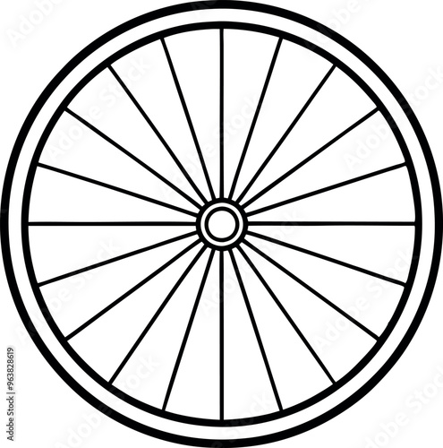Simple Black and White Bicycle Wheel Illustration with Spokes in Circular Pattern