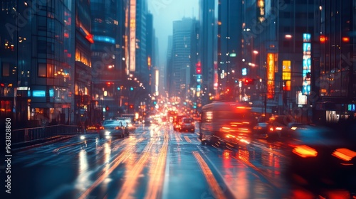 Fototapeta Naklejka Na Ścianę i Meble -  A busy city street with cars and lights. The lights are bright and the cars are moving quickly. Scene is energetic and bustling