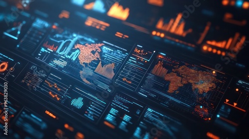 A computer screen displays a map of the world with various data points and graphs. Concept of technological advancement and the vastness of the world