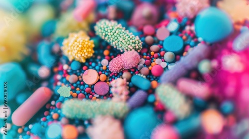 Diverse and colorful microbes are observed through a microscope, illustrating their unique shapes and patterns in a laboratory setting