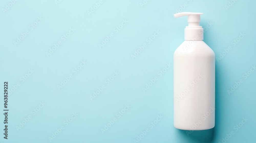 White pump bottle dispenser on a light blue background, perfect for soap, lotion, or beauty product packaging design. White pump bottle dispenser on a light blue background, perfect for soap, lotion, or beauty product packaging design.