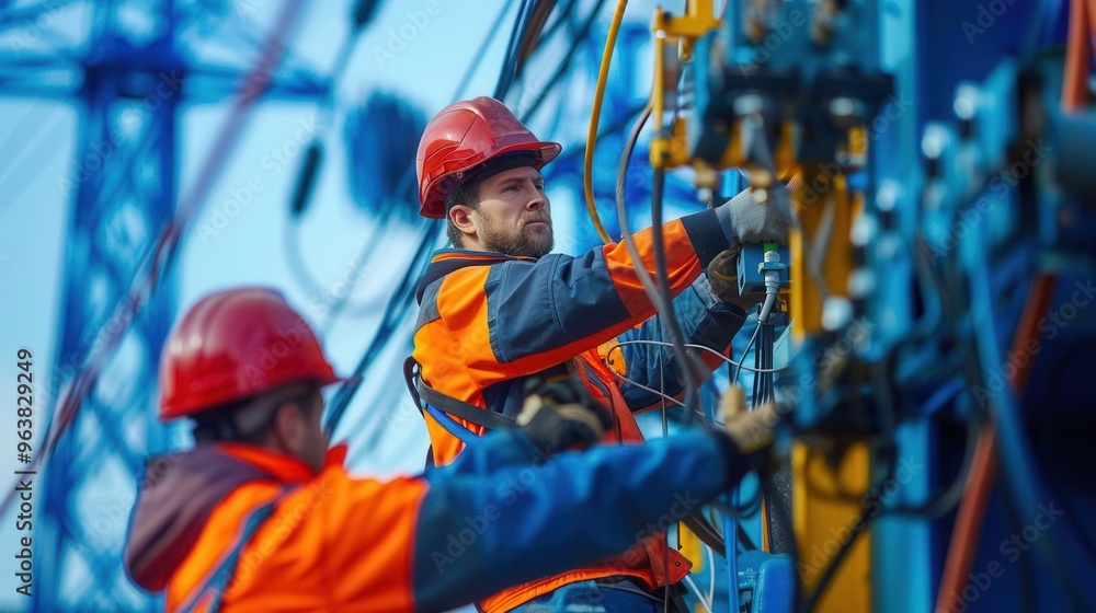 Workers installing underground power cables, utilities, modern electrical infrastructure Workers installing underground power cables, utilities, modern electrical infrastructure