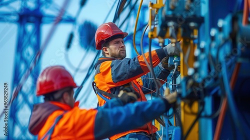 Workers installing underground power cables, utilities, modern electrical infrastructure