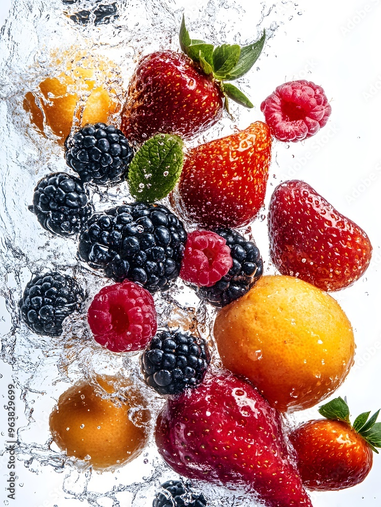 A refreshing mix of strawberries, kiwis, and assorted berries in water showcasing a vibrant and healthy fruit blend. A refreshing mix of strawberries, kiwis, and assorted berries in water showcasing a vibrant and healthy fruit blend.