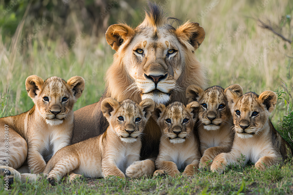 A majestic male lion sits with his pride of five cubs in the African savanna. A majestic male lion sits with his pride of five cubs in the African savanna.