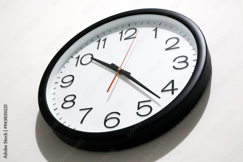 Close-up of a black wall clock with black numerals and white background against a plain white wall. Concepts related to time, time management, schedules, deadlines, simplicity, and punctuality Close-up of a black wall clock with black numerals and white background against a plain white wall. Concepts related to time, time management, schedules, deadlines, simplicity, and punctuality