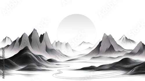 A mountain range with a large sun in the sky. The mountains are covered in snow and the sky is clear. The sun is setting in the distance, casting a warm glow over the landscape. The scene is peaceful
