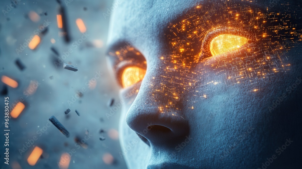 Close-up of a futuristic humanoid face with glowing eyes, depicting advanced AI technology and cybernetic enhancements. Close-up of a futuristic humanoid face with glowing eyes, depicting advanced AI technology and cybernetic enhancements.