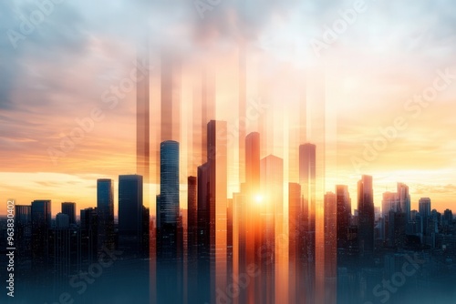 Abstract city skyline at sunset with blurred effects, blending architecture and nature in a futuristic urban landscape.