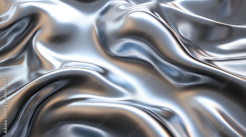 A silver fabric with a shiny texture. The fabric is draped over a surface, creating a sense of movement and fluidity. The image evokes a feeling of luxury and elegance A silver fabric with a shiny texture. The fabric is draped over a surface, creating a sense of movement and fluidity. The image evokes a feeling of luxury and elegance
