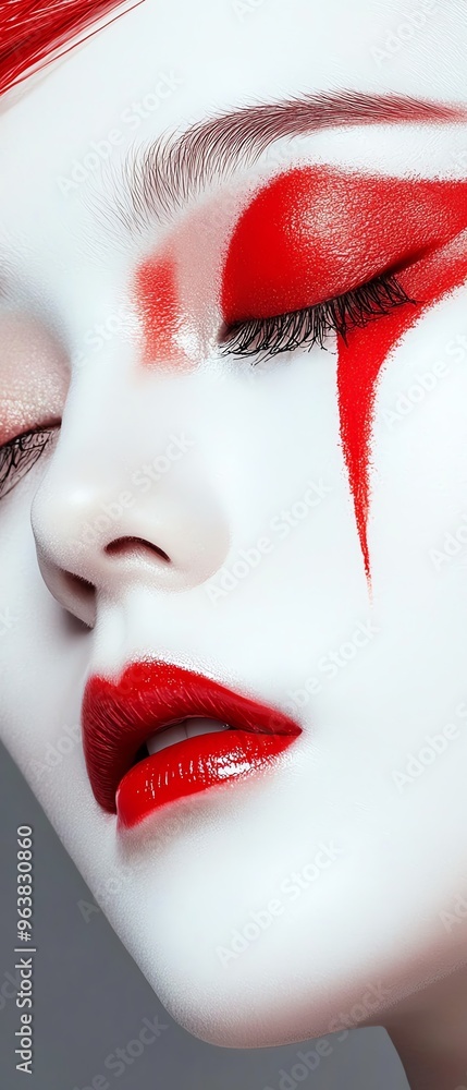 Obraz premium Close-up portrait of a woman with dramatic red makeup and white face paint, emphasizing contrast and creativity in contemporary beauty art.