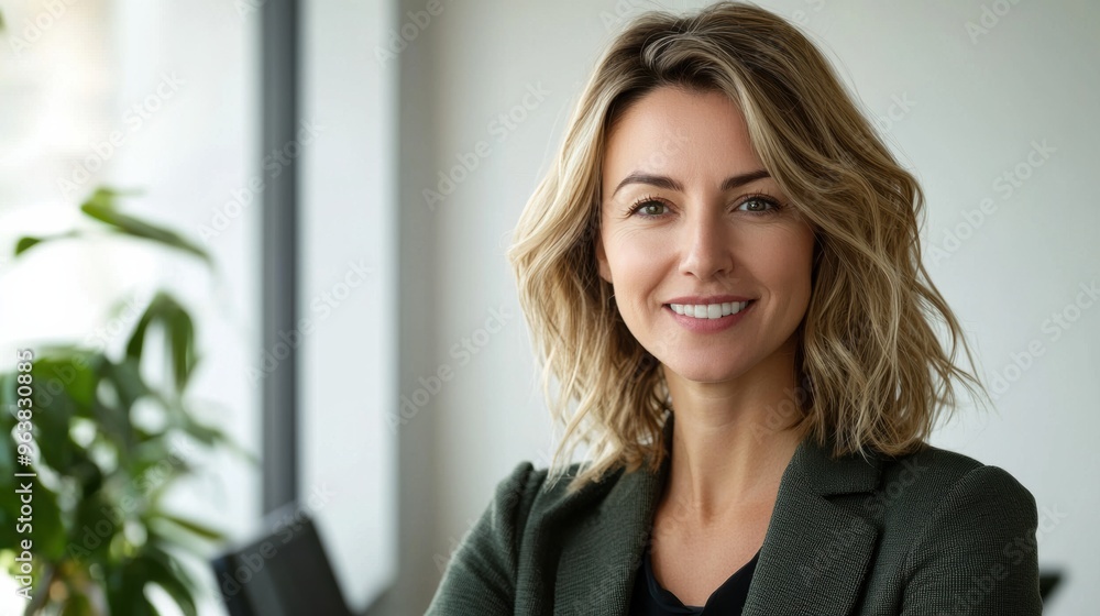 Confident and Smiling Businesswoman in Green Suit in Office Environment Confident and Smiling Businesswoman in Green Suit in Office Environment