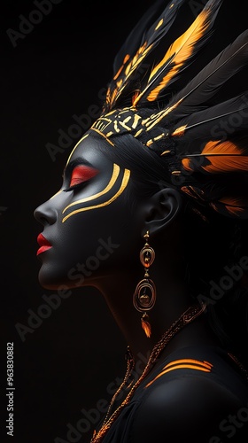 Profile portrait of woman with tribal face paint and headdress, modern indigenous art, black background, vivid colors.