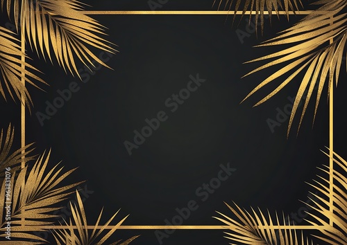 Black and gold background with palm leaves framing a vector presentation design template