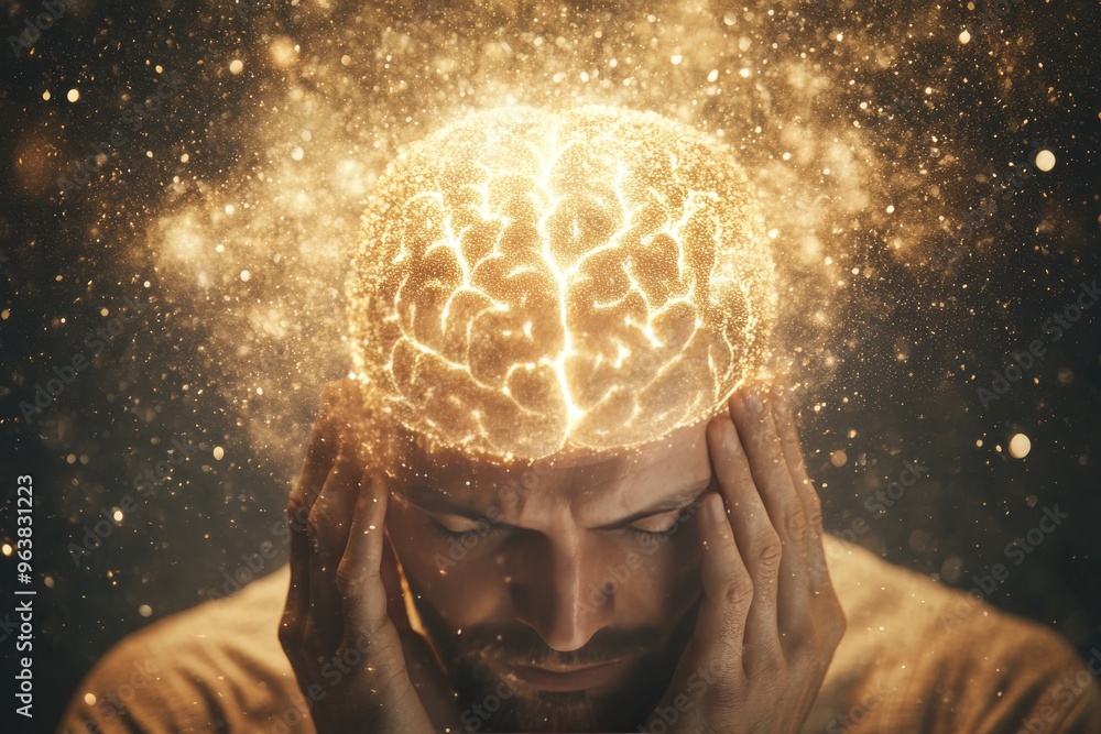 Obraz premium Synaptic transmission neural amplification and feedforward networks glowing human head symbolizing mental overload and neural activity during intense cognitive processes
